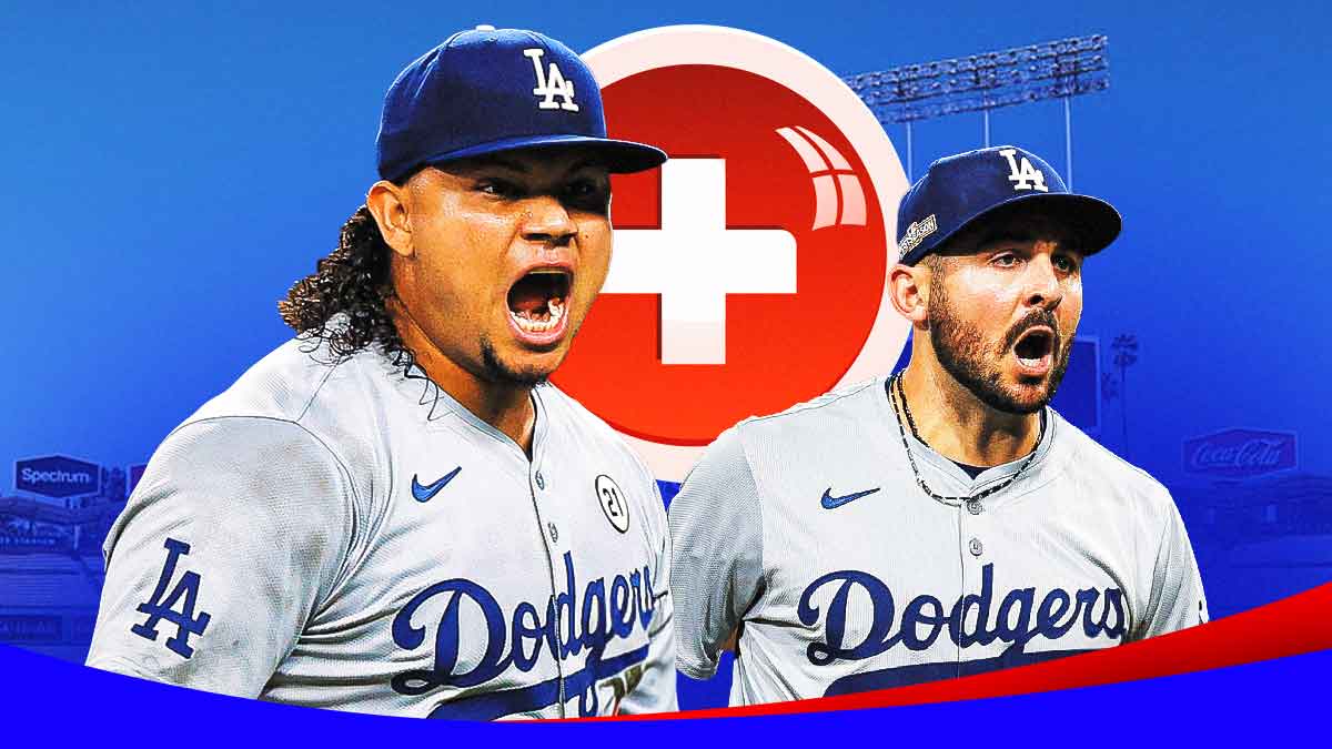 Brusdar Graterol in a Los Angeles Dodgers uniform and Alex Vesia in a Los Angeles Dodgers uniform with a red and white first aid symbol as the Dodgers relievers are injured by could be ready for World Series to help the dodgers bullpen and pitching.