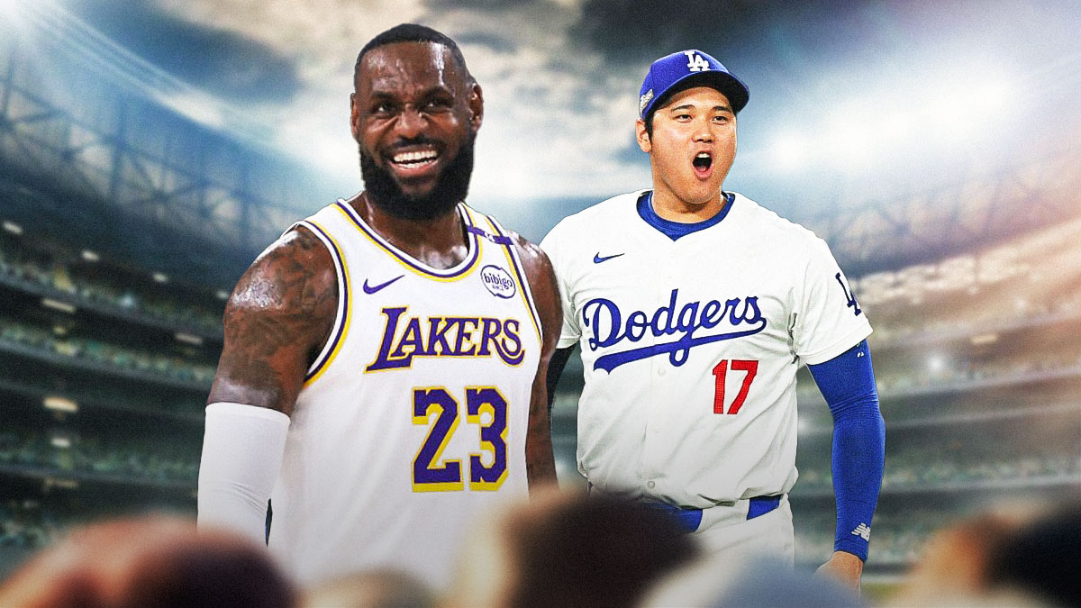 LeBron James excited, celebrating next to Shohei Ohtani in Dodgers uniform