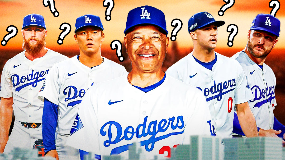 Dodgers' Dave Roberts smiling, with head cutouts of Jack Flaherty, Yoshinobu Yamamoto, Ryan Brasier, and Michael Kopech around Roberts, question marks all over