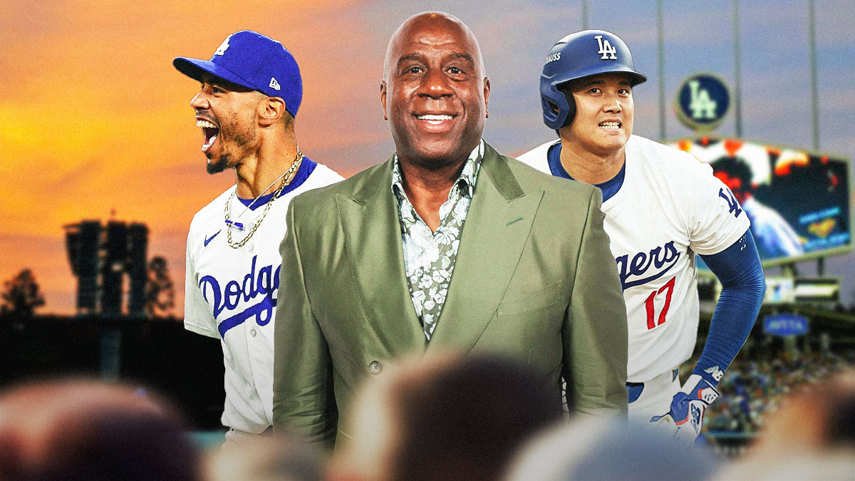 Magic Johnson next to Shohei Ohtani and Mookie Betts in front of the Dodgers stadium.