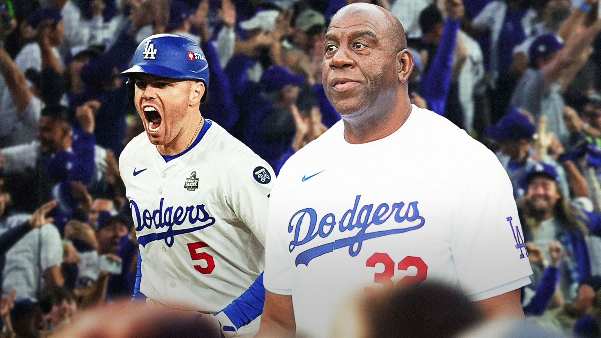 Magic Johnson (now) next to Freddie Freeman with the Dodgers Stadium as the background.