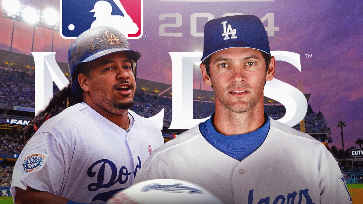 Dodger legends Manny Ramirez and Shawn Green next to the NLCS logo