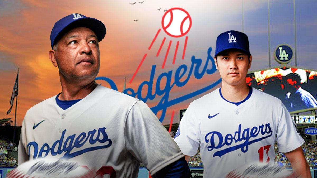 Dodgers' Shohei Ohtani next to manager Dave Roberts and a Dodgers logo