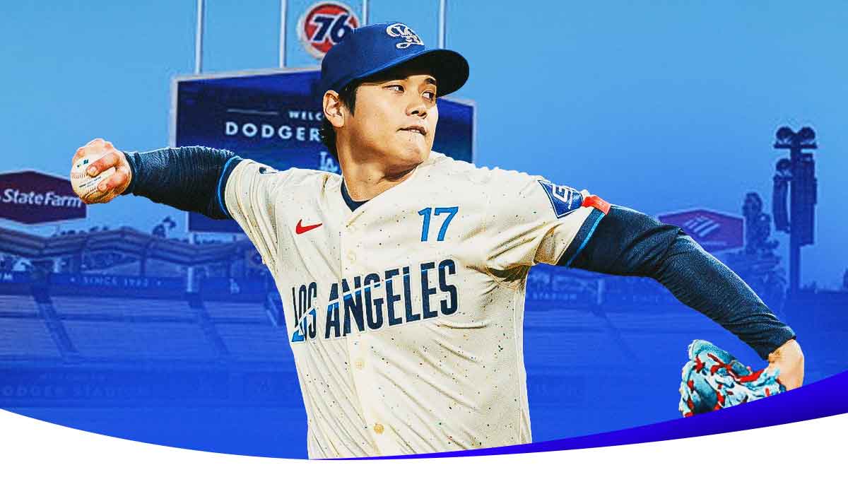 Shohei Ohtani pitching in a Los Angeles Dodgers uniform as Ohtani will not pitch for the Dodgers in the postseason despite the dodgers playoffs bye, Ohtani will not be pitching for the team in the postseason.