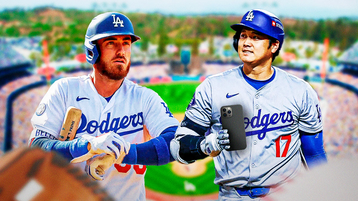 Dodgers Shohei Ohtani holding a cell phone. In background, place Dodgers Cody Bellinger looking serious.