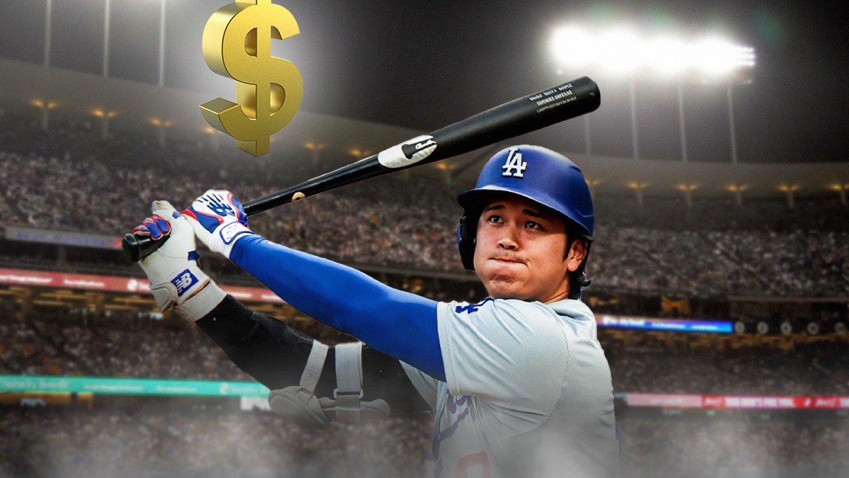 Shohei Ohtani (Dodgers) hitting a ball but replace the ball with dollar sign
