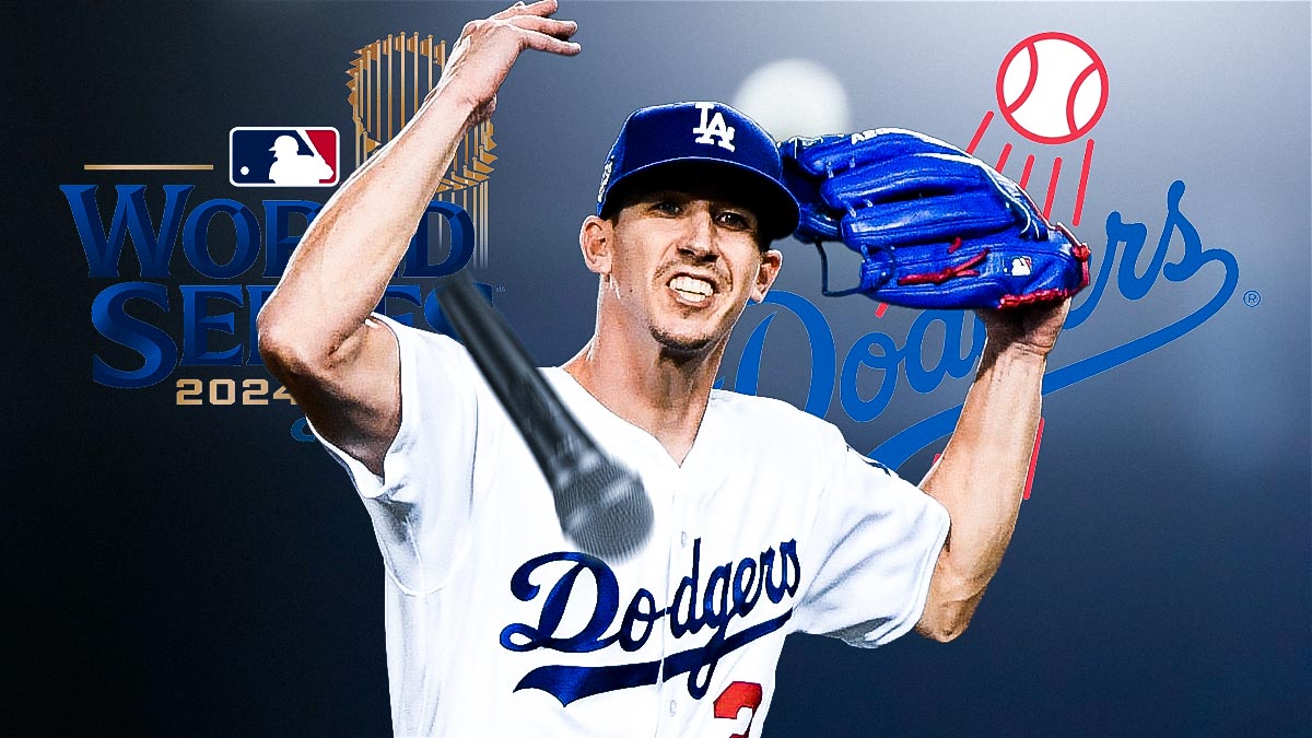 Walker Buehler dropping a Microphone on the World Series trophy. Dodgers Logo. World Series logo.