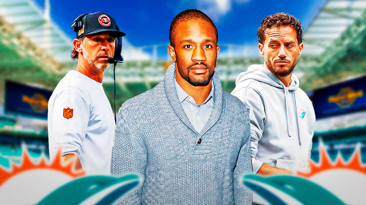 San Francisco 49ers head coach Kyle Shanahan, Domonique Foxworth, and Miami Dolphis head coach Mike McDaniel