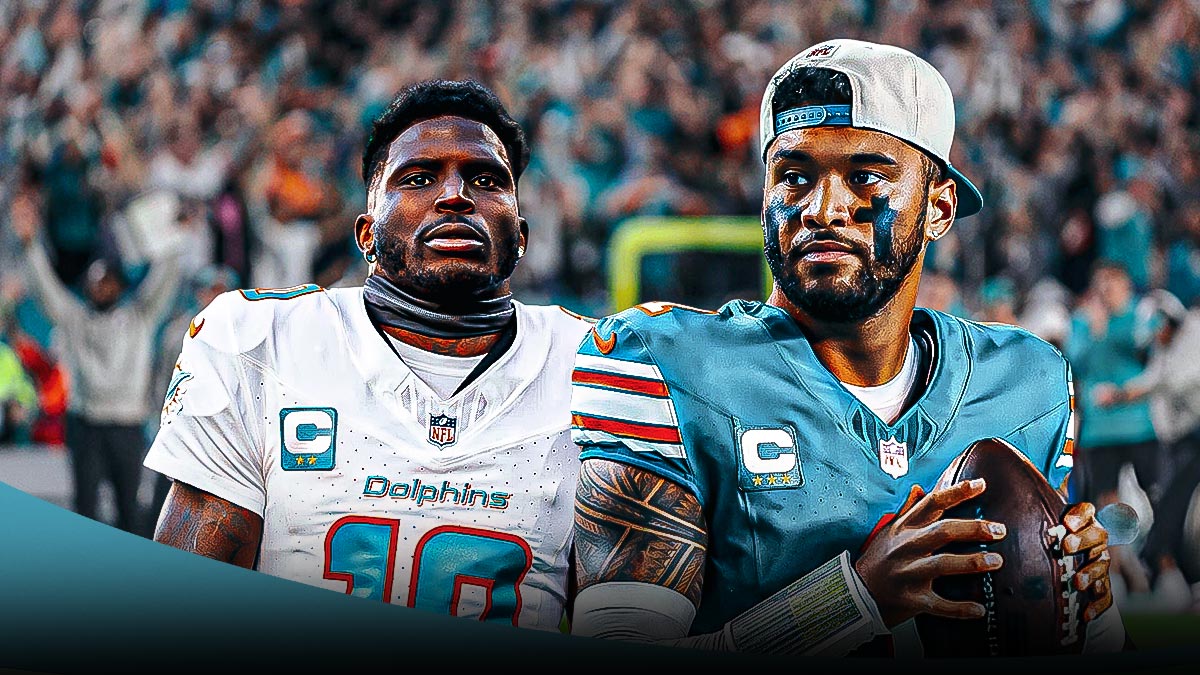 Miami Dolphins stars Tua Tagovailoa and Tyreek Hill with injury signs around them in front of Hard Rock Stadium.