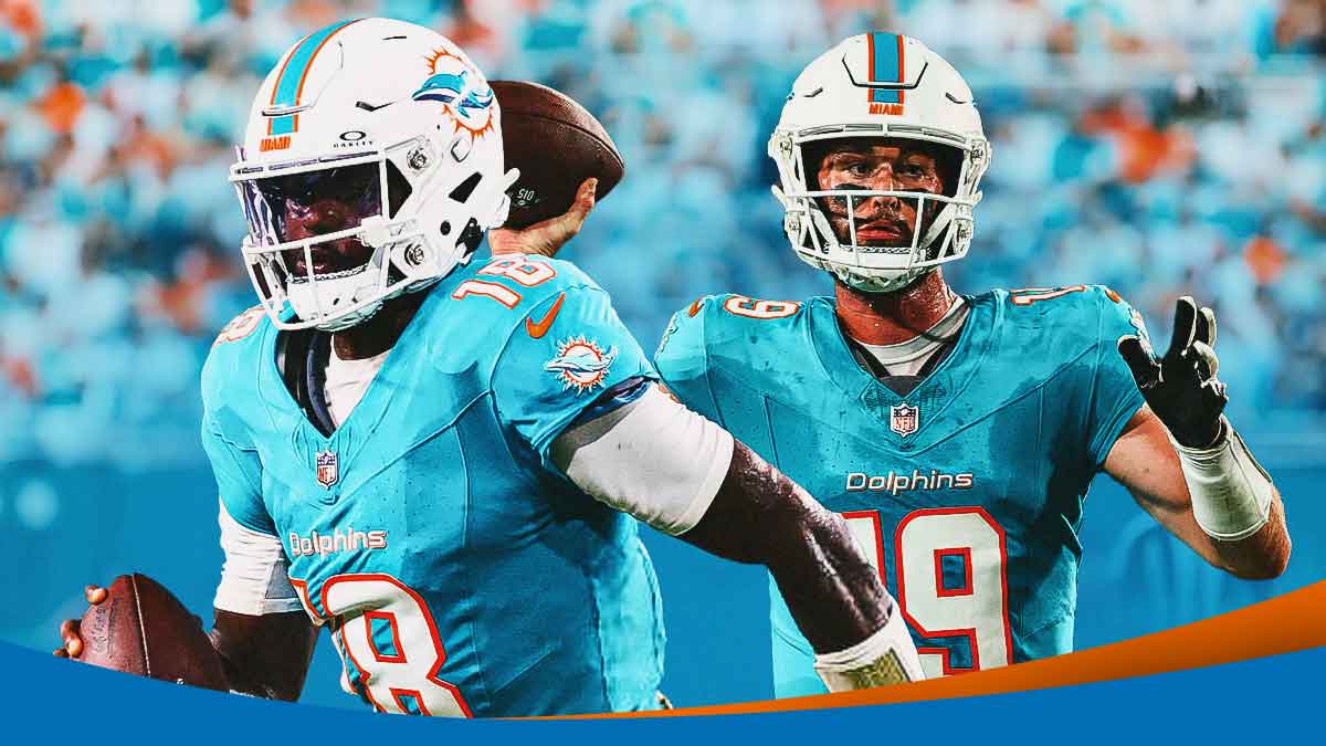 Tyler Huntley in a Dolphins jersey and Skylar Thompson in a Dolphins jersey.