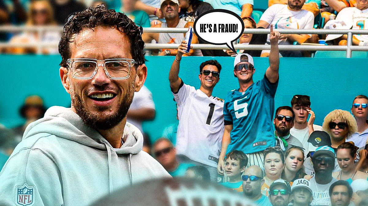 Mike McDaniel on one side, a bunch of Miami Dolphins fans on the other side with a speech bubble that says "He's a fraud!"