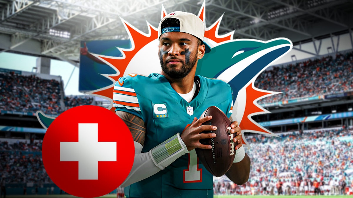 Tua Tagovailoa next to a medical cross and the Dolphins logo