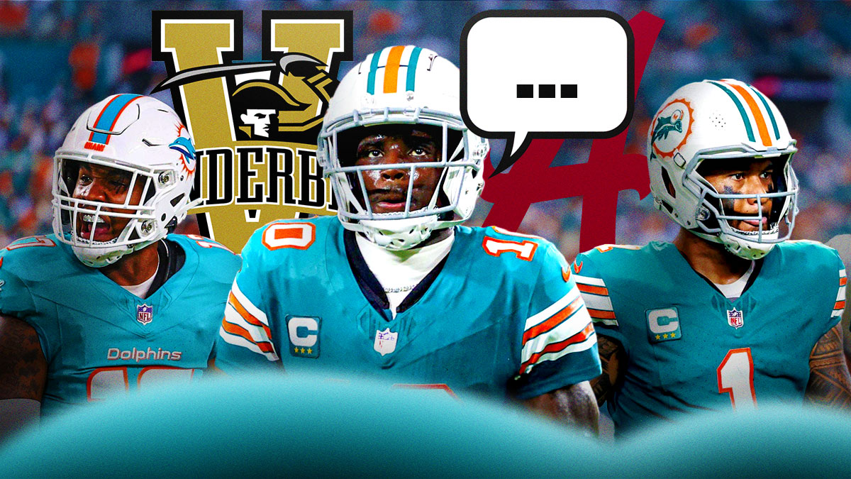 Miami Dolphins WR Tyreek Hill with a speech bubble with the three dots emoji inside. He is next to Dolphins QB Tua Tagovailoa and WR Jaylen Waddle. There are also logos for the University of Alabama and the University of Vanderbilt.