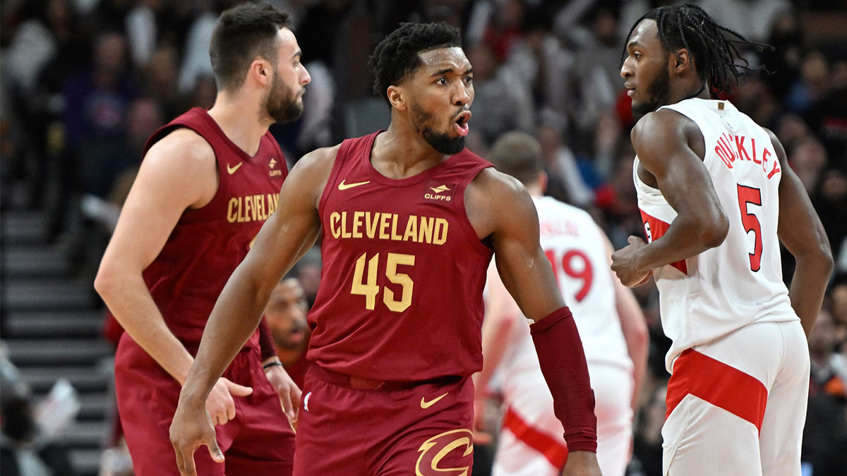 Cleveland Cavaliers guard Donovan Mitchell (45) reacts after making a three point basket against the Toronto Raptors in the second half at Scotiabank Arena.