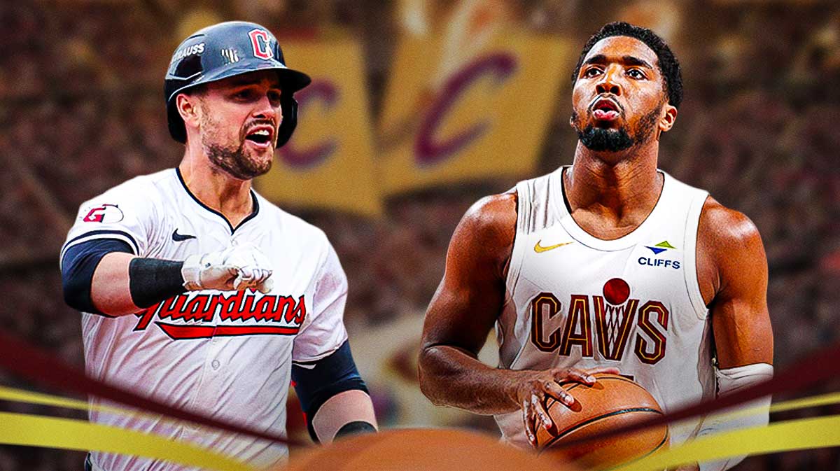 Donovan Mitchell, Lane Thomas with a Guardians/Cavs-themed BG.