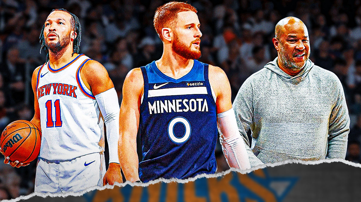 Donte DiVincenzo in Timberwolves jersey next to Jalen Brunson and Rick Brunson.