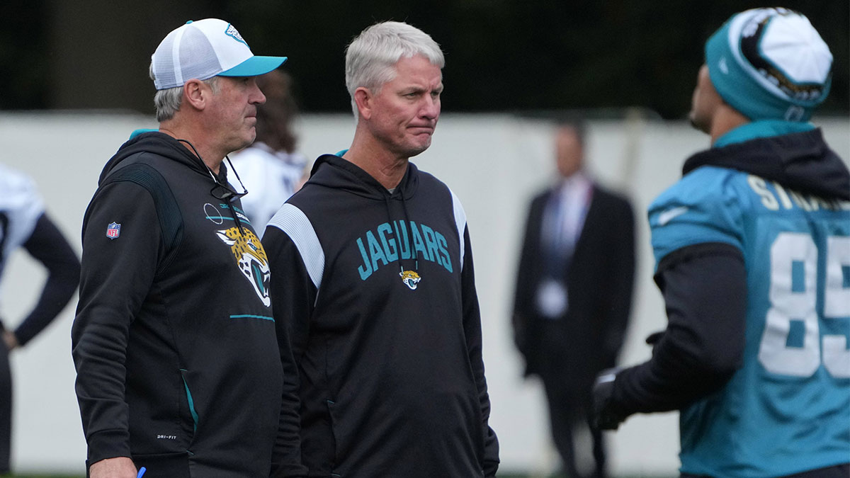Jacksonville Jaguars coach Doug Pederson and quarterbacks coach Mike McCoy during practice at The Grove.