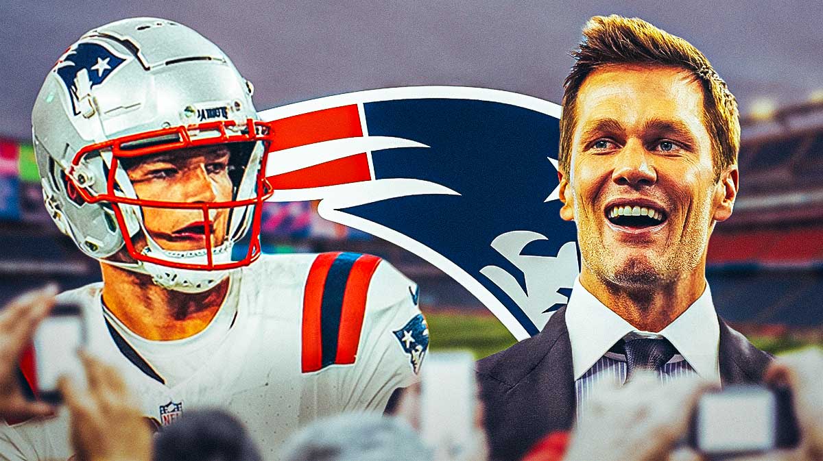 Patriots' Drake Maye next to Tom Brady with the Patriots logo between them