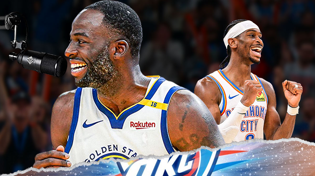Warriors star Draymond Green speaking into a podcast microphone next to Thunder superstar Shai Gilgeous-Alexander and the Thunder logo