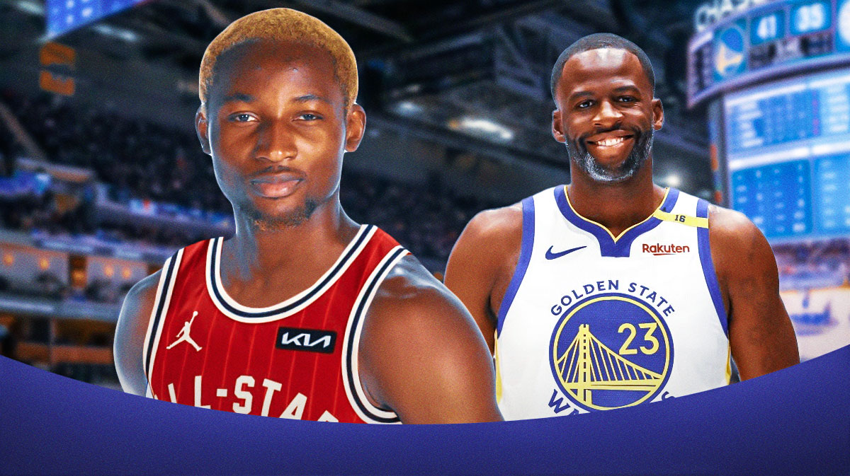 Warriors' Jonathan Kuminga, wearing an All-Star jersey, and Draymond Green