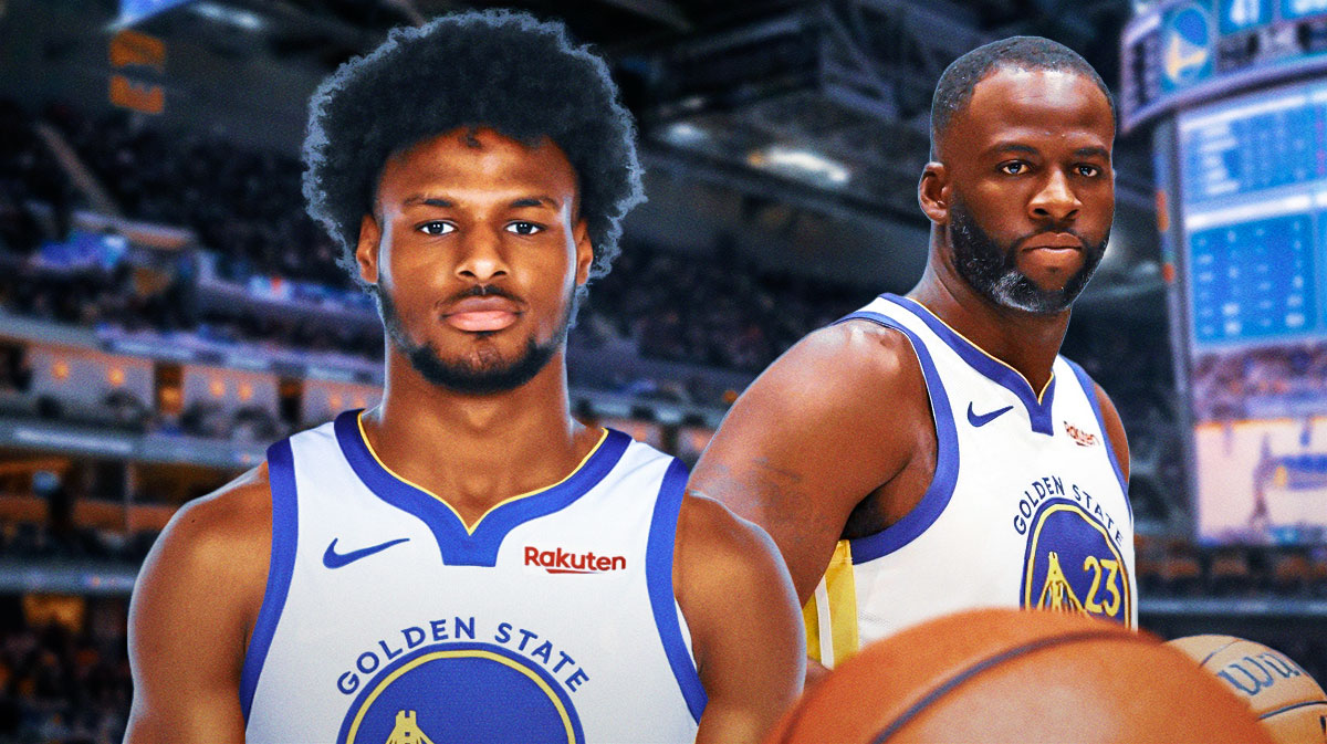 Draymond Green, Bronny James, LeBron James, Warriors, Lakers, Draymond Green and Bronny James both in Warriors unis with Warriors arena in the background