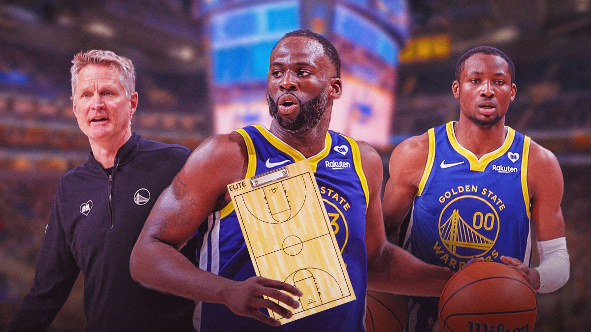 Warriors' Draymond Green holding a coach's clipboard, with Steve Kerr and Jonathan Kuminga beside him