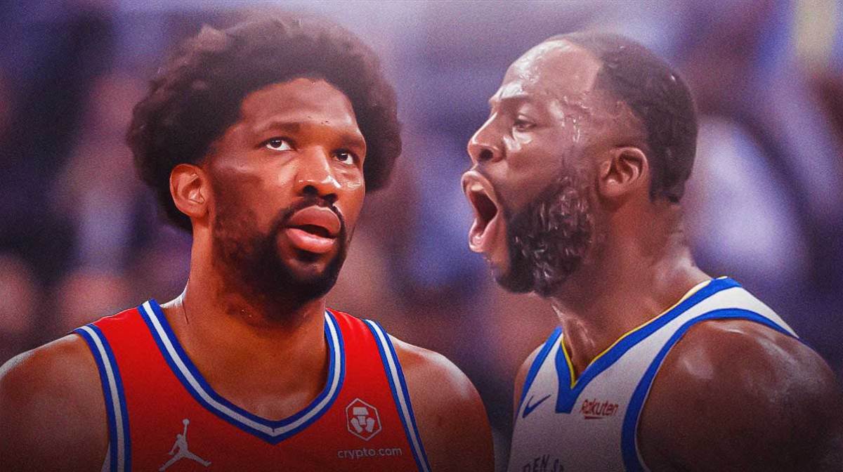 Photo: Draymond Green yelling, Joel Embiid looking serious in 76ers jersey