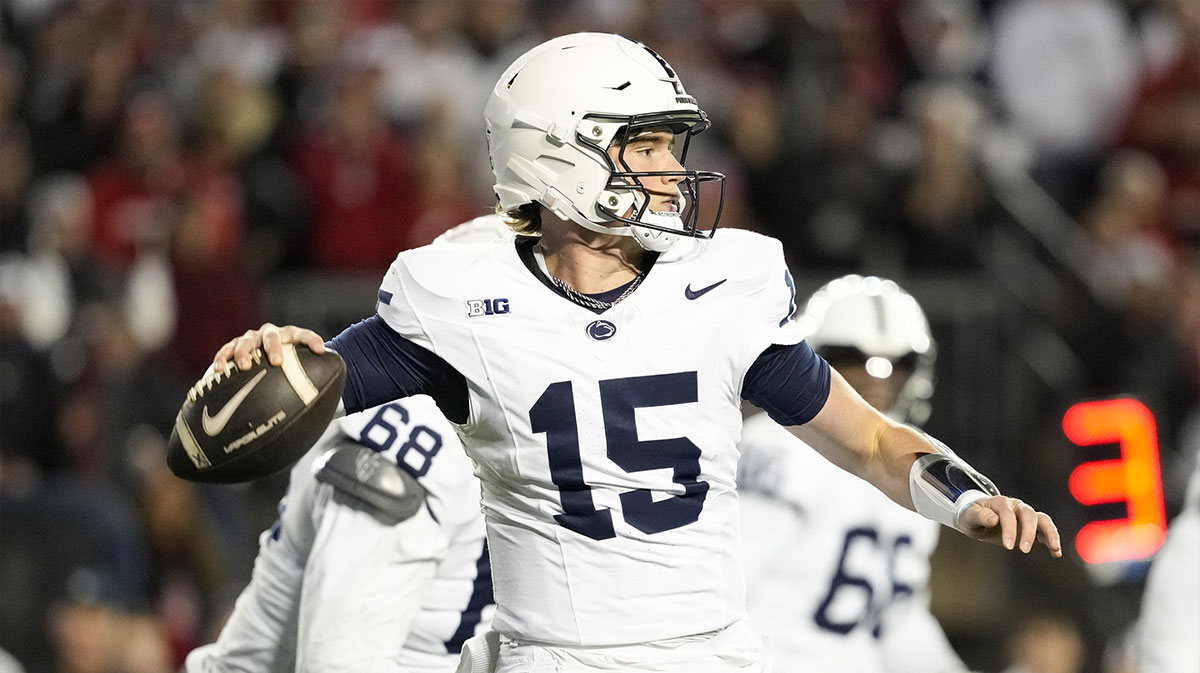 Penn State Nittany Lions quarterback Drew Allar (15) throws a pass during the first quarter against the Wisconsin Badgers at Camp Randall Stadium.