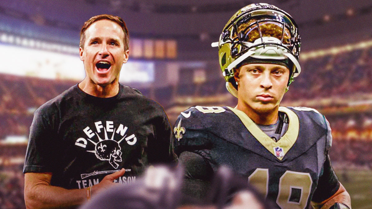 Drew Brees, Spencer Rattler, Superdome as the background.