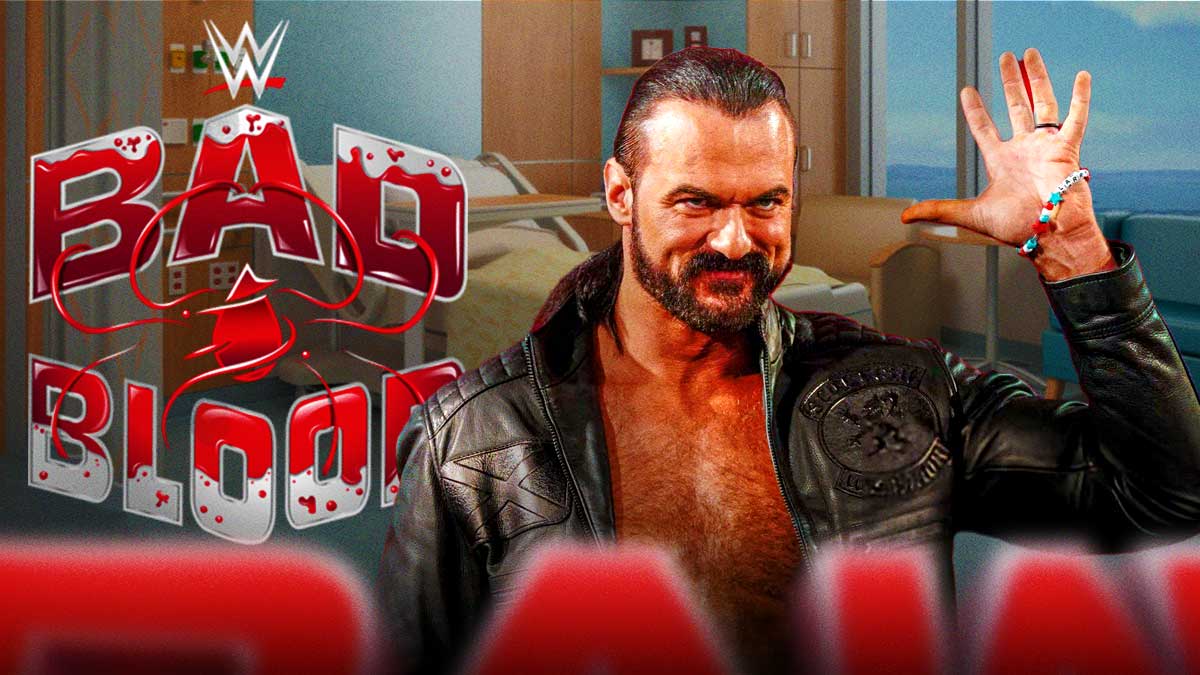 WWE Bad Blood logo and star Drew McIntyre, who suffered a head injury during his Hell in the Cell match against CM Punk, with hospital background.