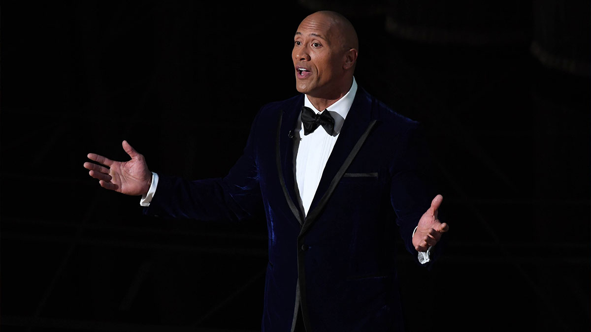 Dwayne Johnson introducing Moana performance at the Oscars in February 2017.