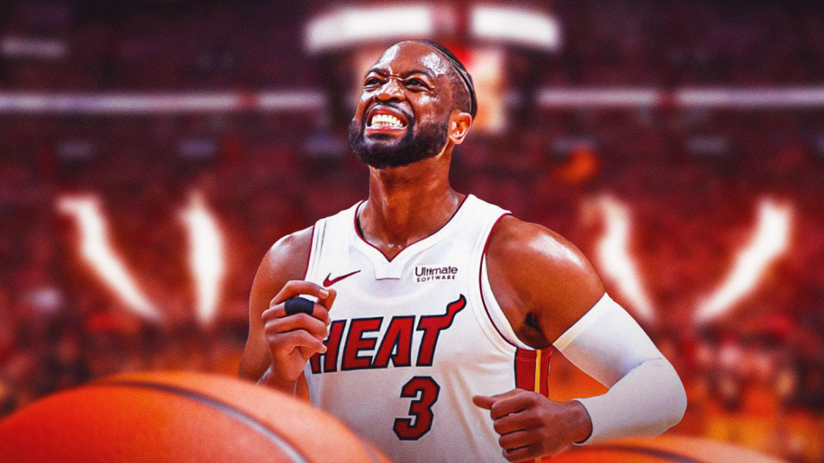 Miami Heat legend Dwyane Wade in front of Kaseya Center.