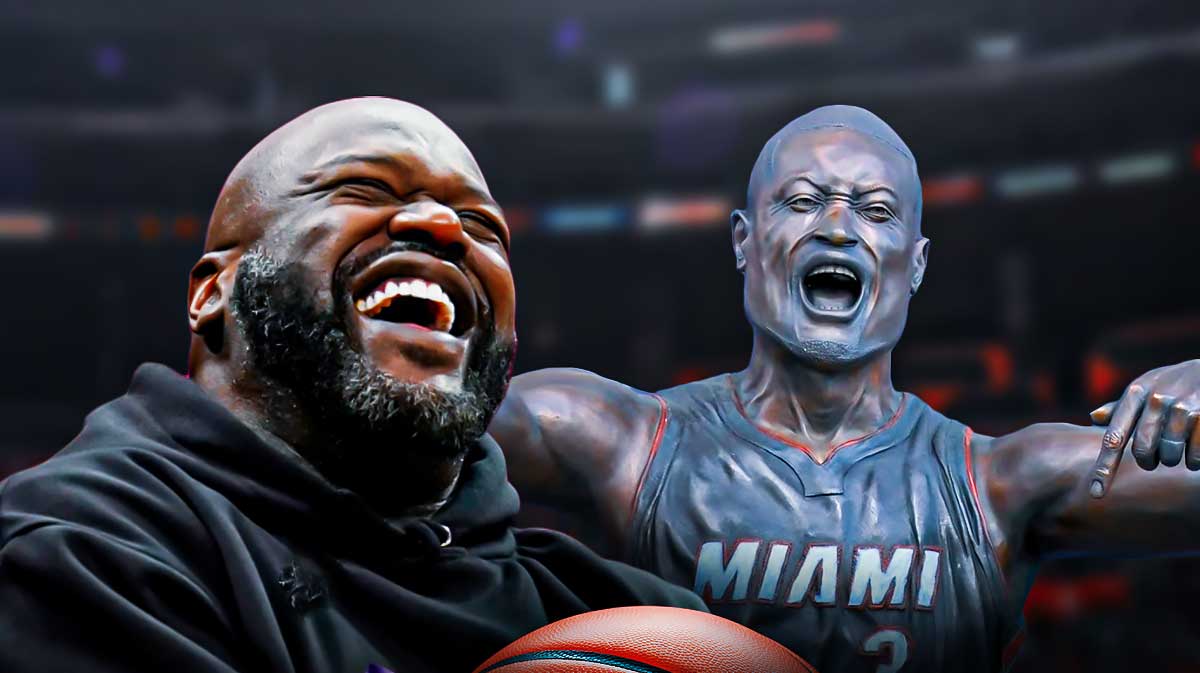 Shaquille O'Neal laughing and Dwyane Wade's statue.