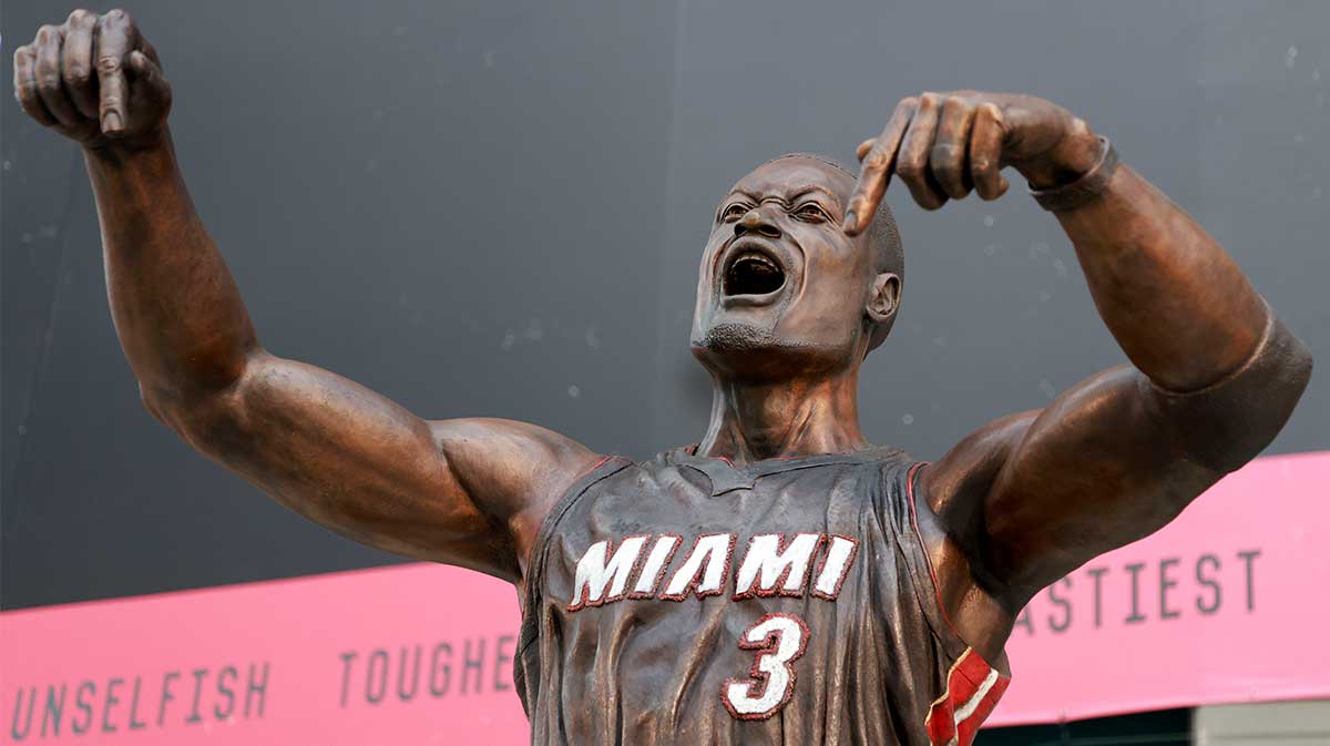 A general view of the new Dwyane Wade statue in front of the Kaseya Center.