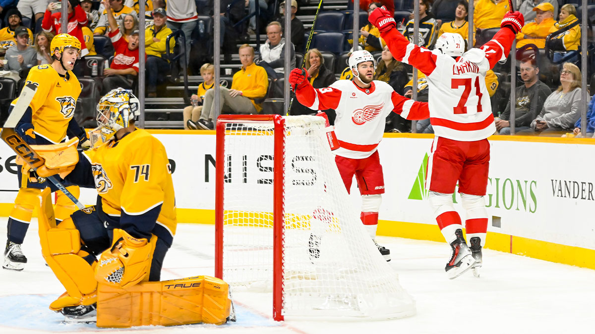 Detroit Red Wings center Dylan Larkin (71) celebrates his goal against the Nashville Predators during the second period at Bridgestone Arena.