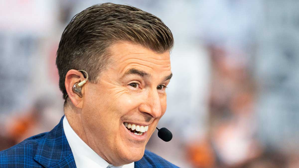 Analyst Rece Davis smiles as ESPN's College Game Day goes live from the University of Texas' South Mall ahead of the Longhorns' game against the Georgia Bulldogs in Austin, Oct. 19, 2024.