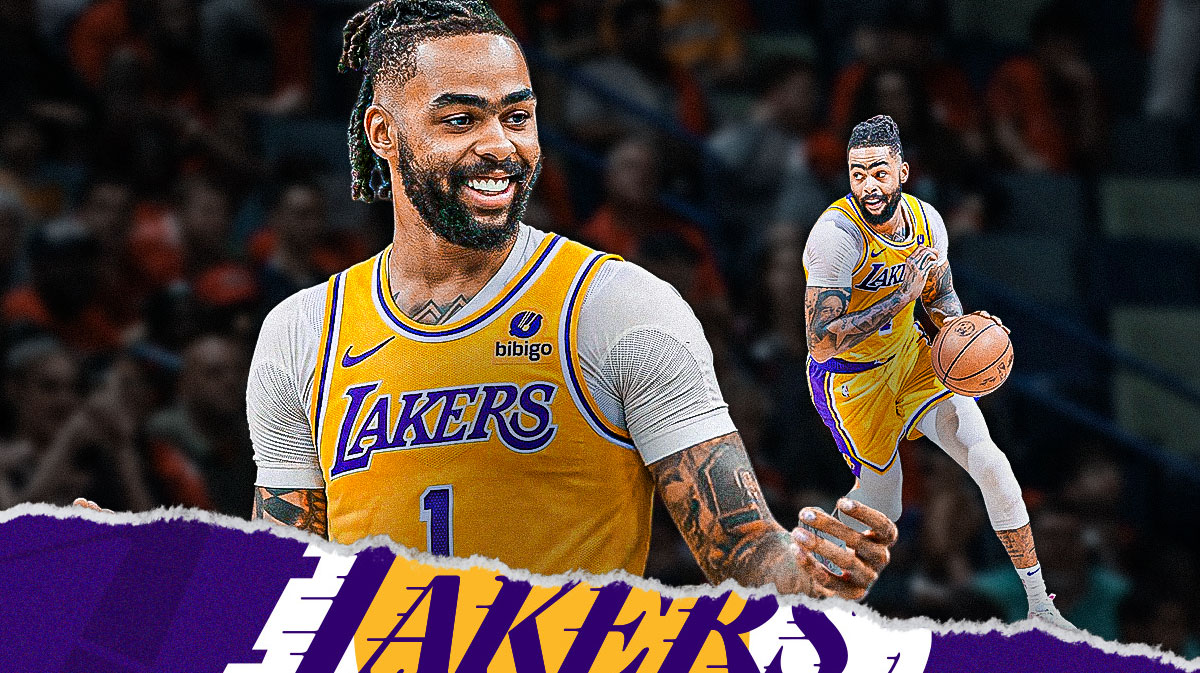 Photo: D'Angelo Russell smiling in Lakers jersey, another photo of him in action in Lakers jersey