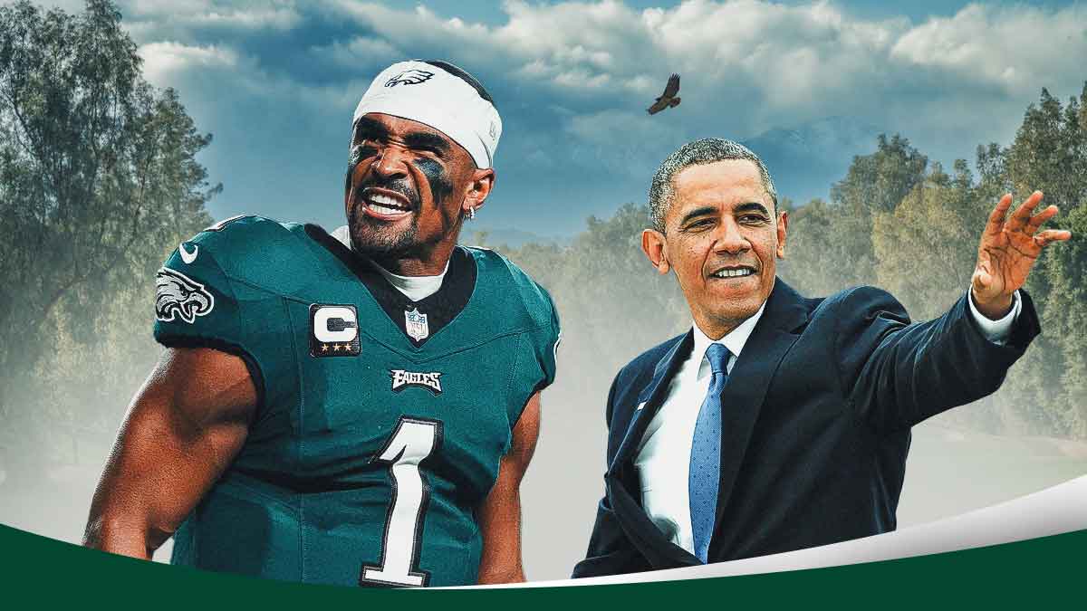 Jalen Hurts standing next to Barack Obama on a golf course.