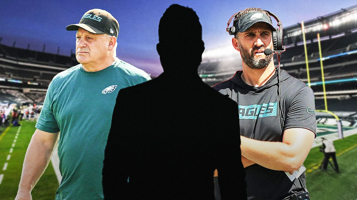 Vic Fangio (Eagles) on the left, Nick Sirianni on the right and the blacked-out silhouette of Jordan Davis in the middle with the Eagles stadium as the background.