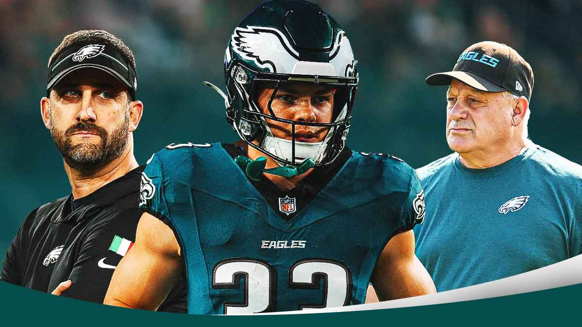 Nick Sirianni on the left, Vic Fangio on the right, and Cooper DeJean between them with an Eagles motif as the background.