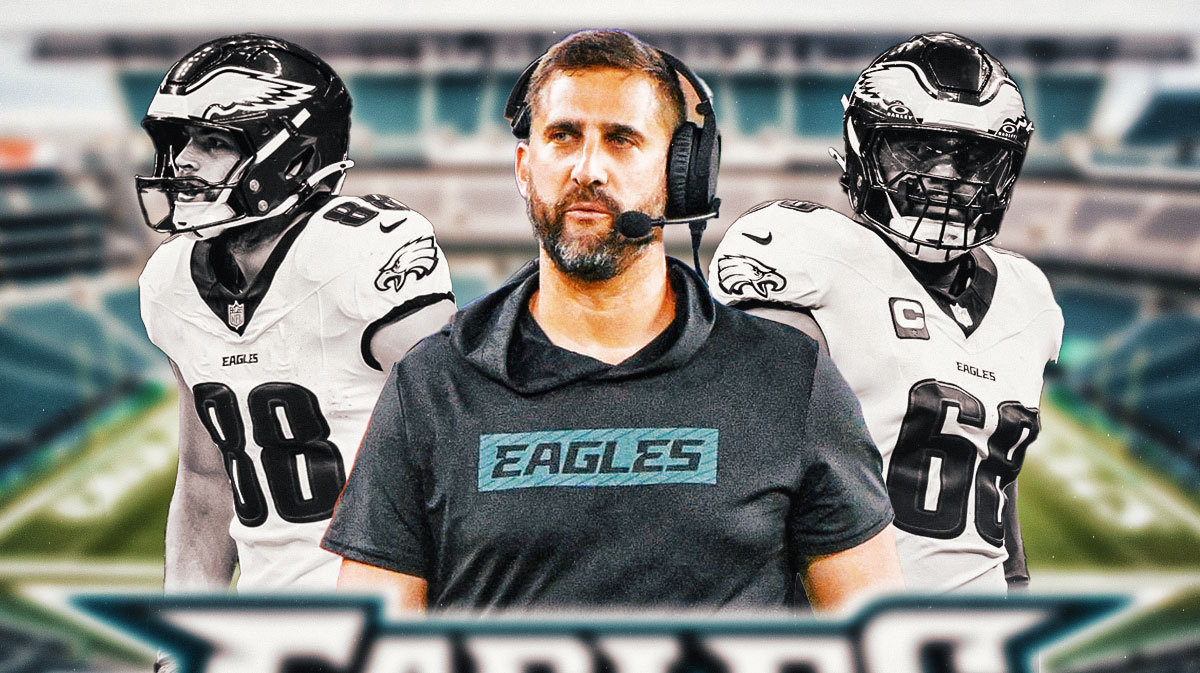Eagles' Dallas Goedert and Jordan Mailata both greyed out with Nick Sirianni in between them