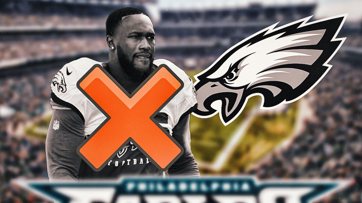 Eagles' Devin White greyed out with a big X over him next to an Eagles logo