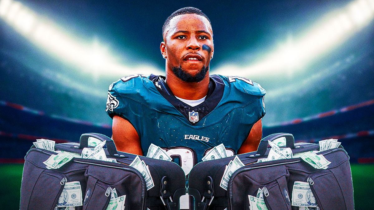 Saquon Barkley in a Philadelphia Eagles uniform with a bag of money as Barkley was fined by the league for a hit in Week 6, prior to the eagles matchup with the giants.
