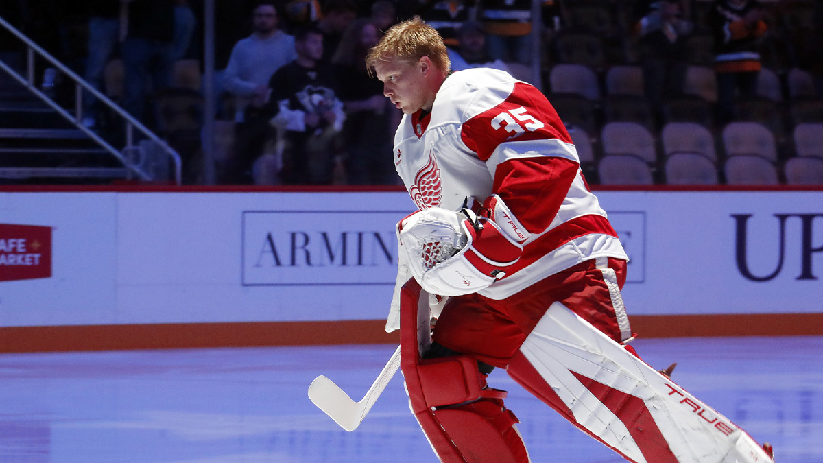 Detroit Red Wings goaltender Ville Husso (35) takes the ice against the Pittsburgh Penguins during the first period at PPG Paints Arena.