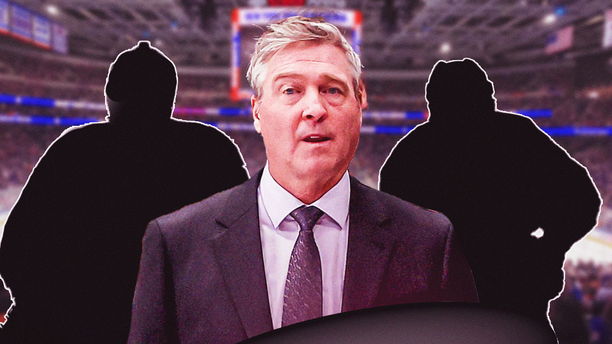 Patrick Roy as Islanders coach front and center. Silhouette of Semyon Varlamov behind him to right. Silhouette of Kyle Palmieri behind him to left