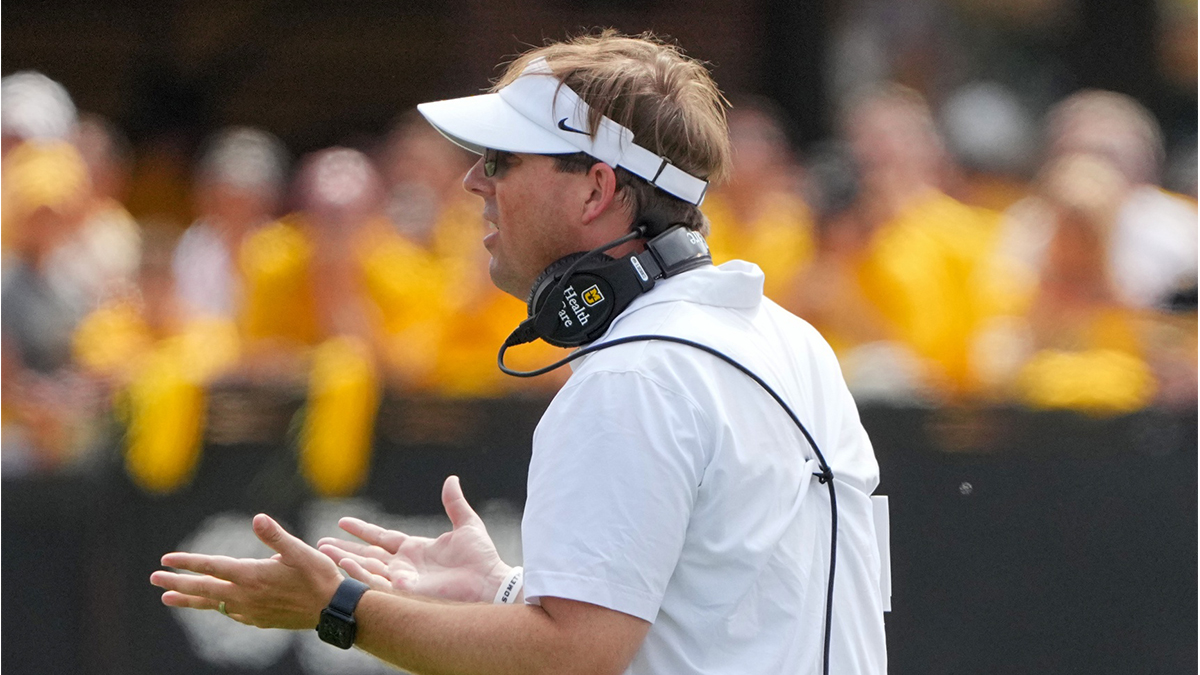 Missouri Tigers head coach Eli Drinkwitz reacts to a call against the Boston College Eagles during the second half at Faurot Field at Memorial Stadium.