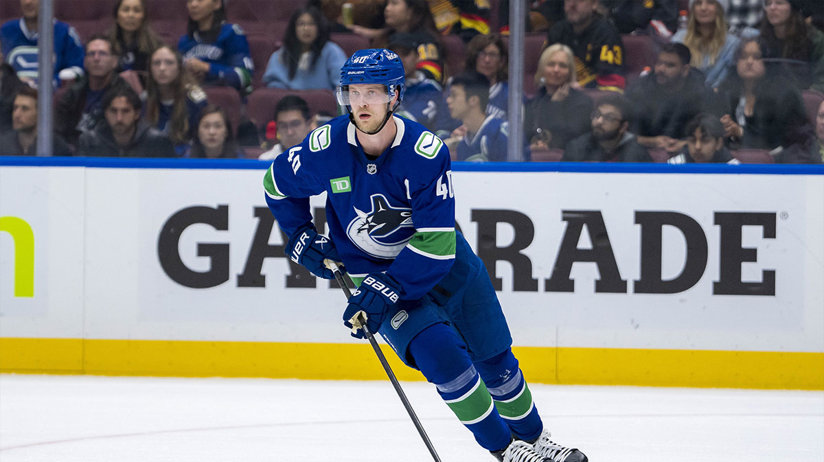 Vancouver Canucks forward Elias Pettersson (40) handles the puck against the Philadelphia Flyers during the third period at Rogers Arena.