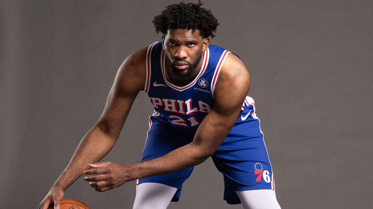 Philadelphia 76ers center Joel Embiid (21) poses for a photo on media day at the Philadelphia 76ers Training Complex.