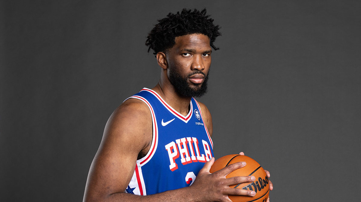 Philadelphia 76ers center Joel Embiid (21) poses for a photo on media day at the Philadelphia 76ers Training Complex.