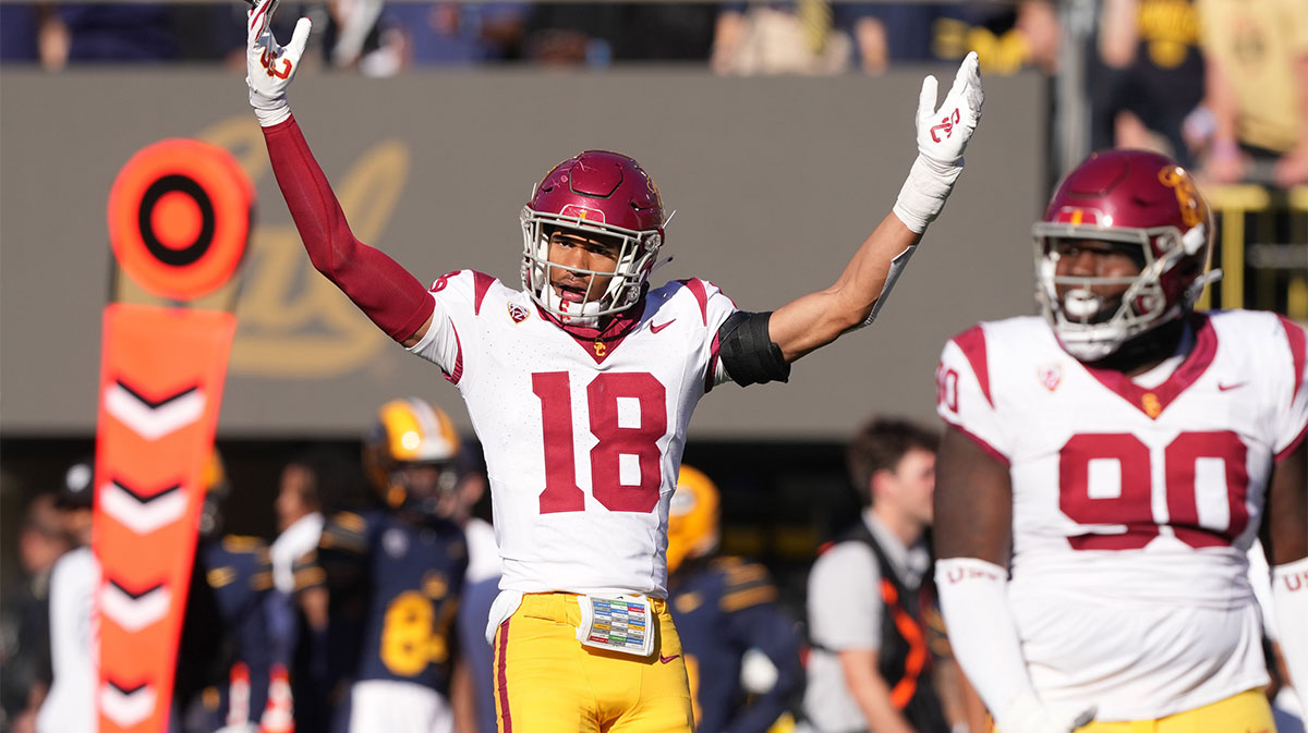 Oct 28, 2023; Berkeley, California, USA; USC Trojans linebacker Eric Gentry (18) gestures during the third quarter against the California Golden Bears at California Memorial Stadium.